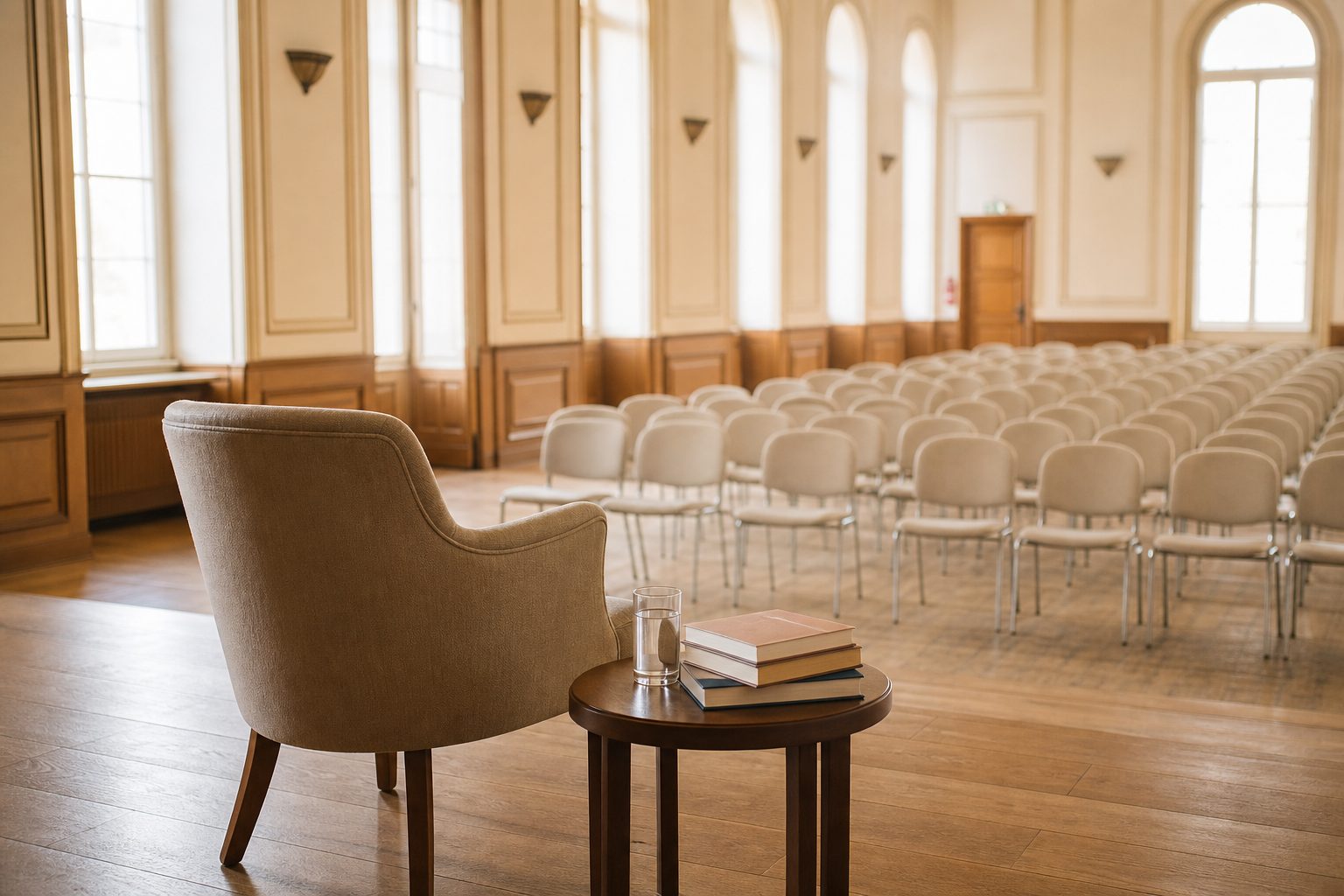 Single speaker chair with a stack of novels facing rows of empty seats in a bright hall