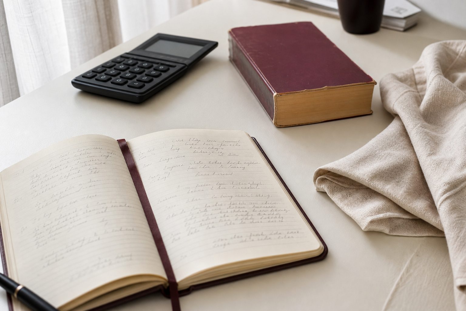 Open notebook with a calculator and a used paperback on a cream desk in soft daylight