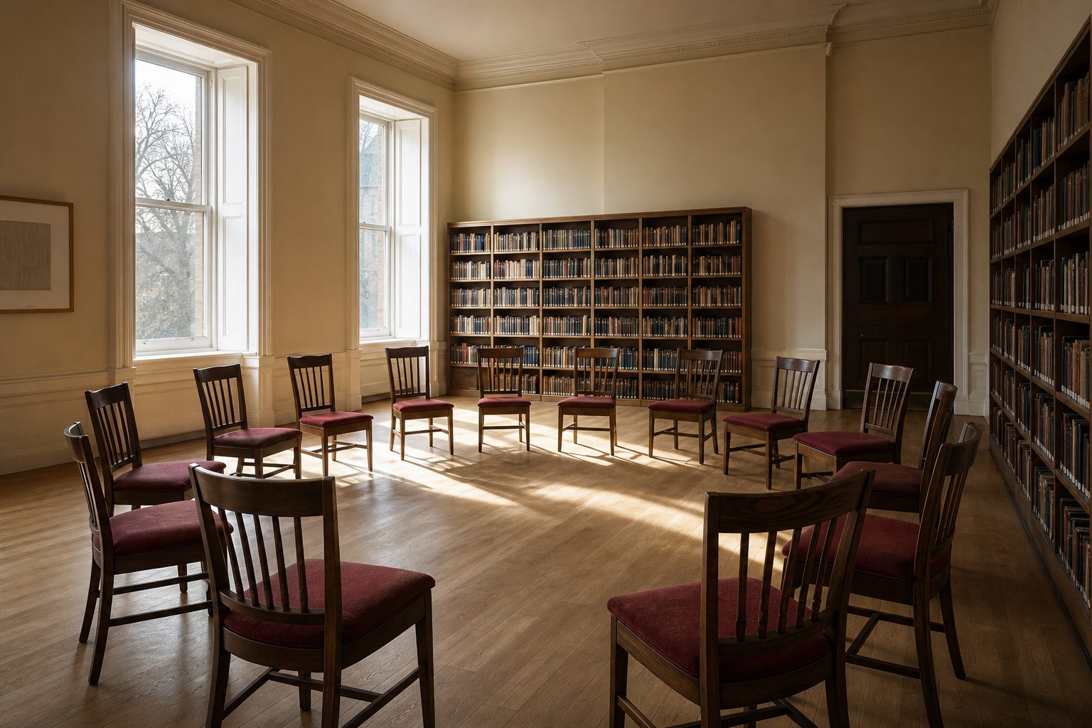 Empty library meeting room with wooden chairs arranged in a circle under tall bright windows
