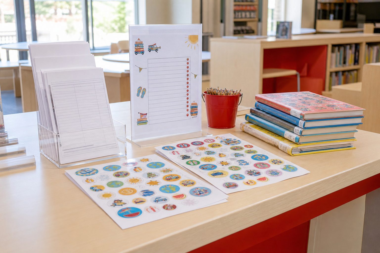 Library display table with reading logs and stickers beside a stack of books in bright summer light