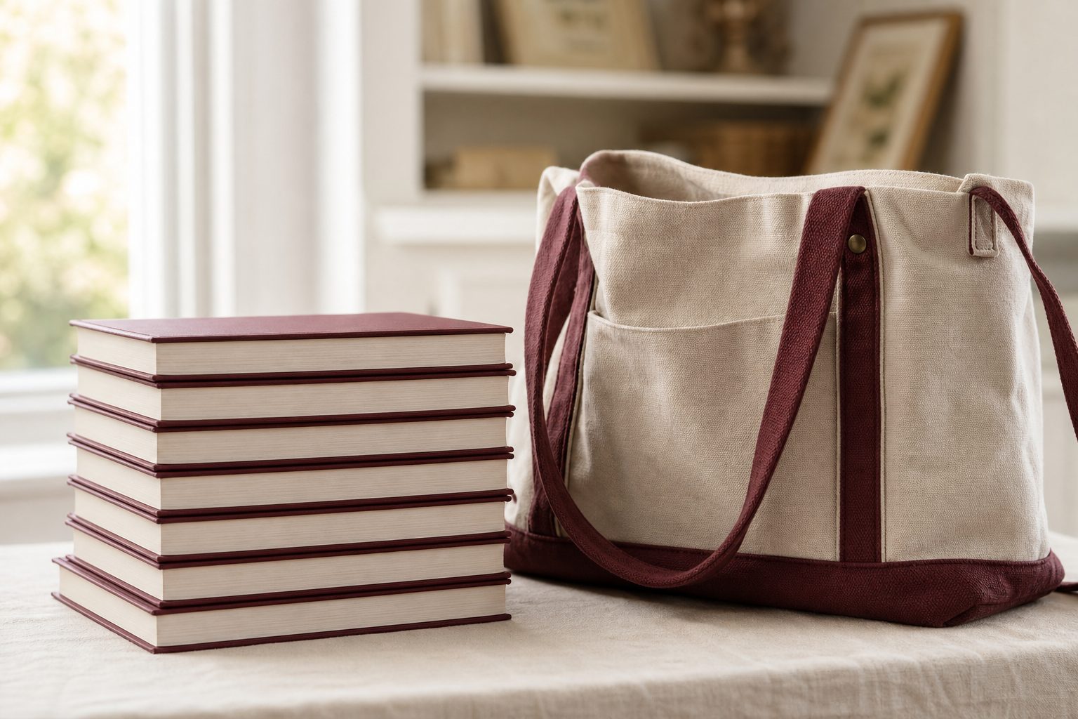Stack of identical hardcover copies beside a canvas library kit bag on a pale linen table in morning light