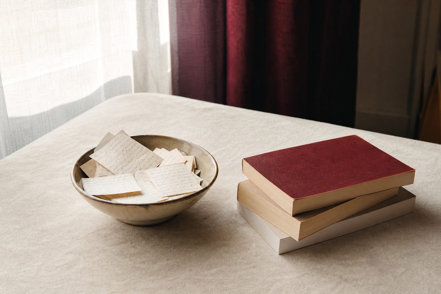 Handwritten paper ballot slips in a shallow bowl beside three paperbacks on a cream tablecloth