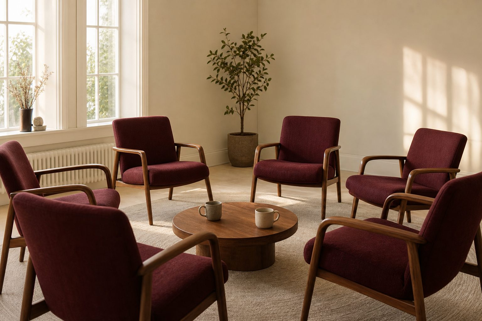 Circle of chairs with only two coffee cups on the table in a bright cream colored room