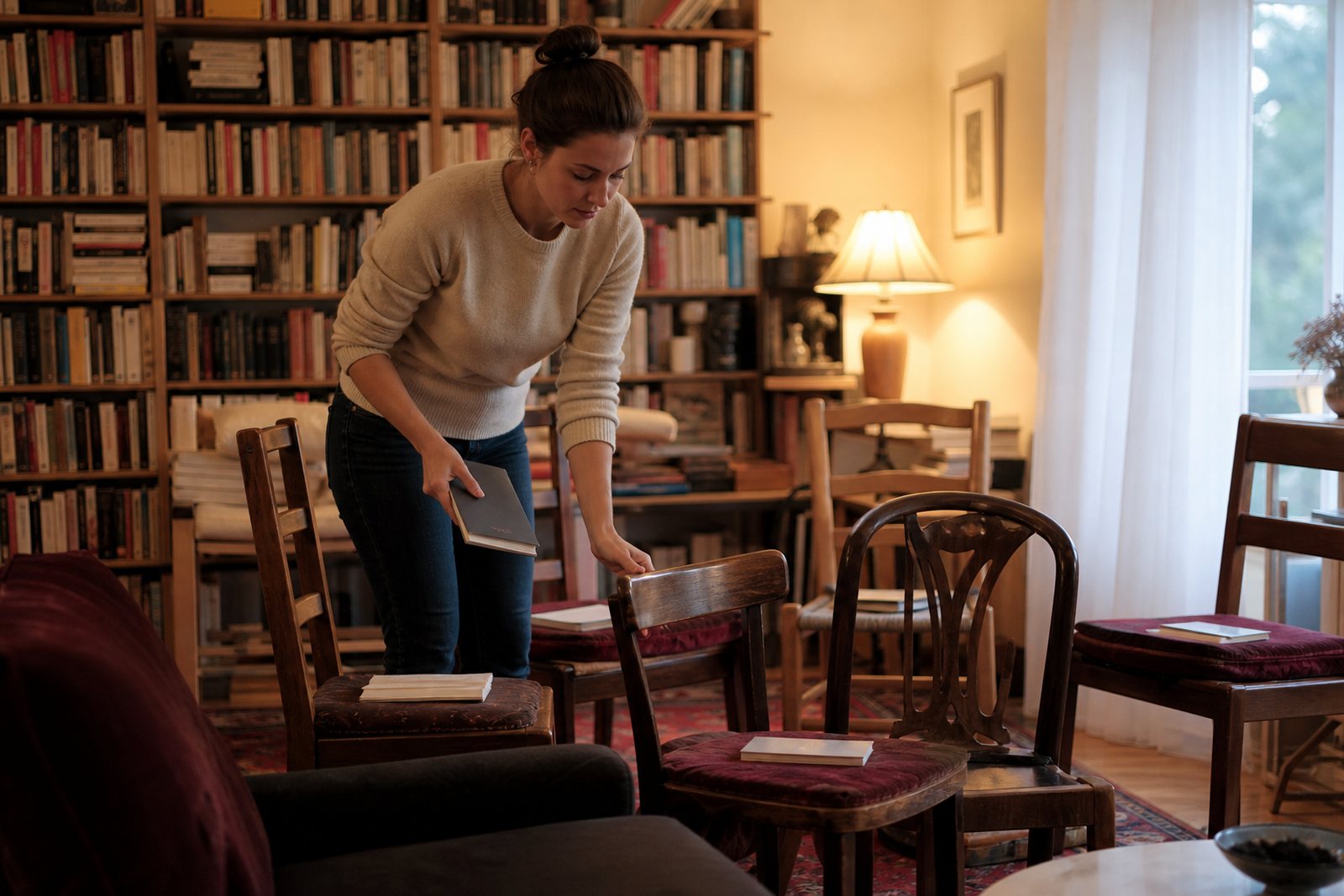 A book club host arranging chairs and stacked books in a warm living room in front of a full bookshelf