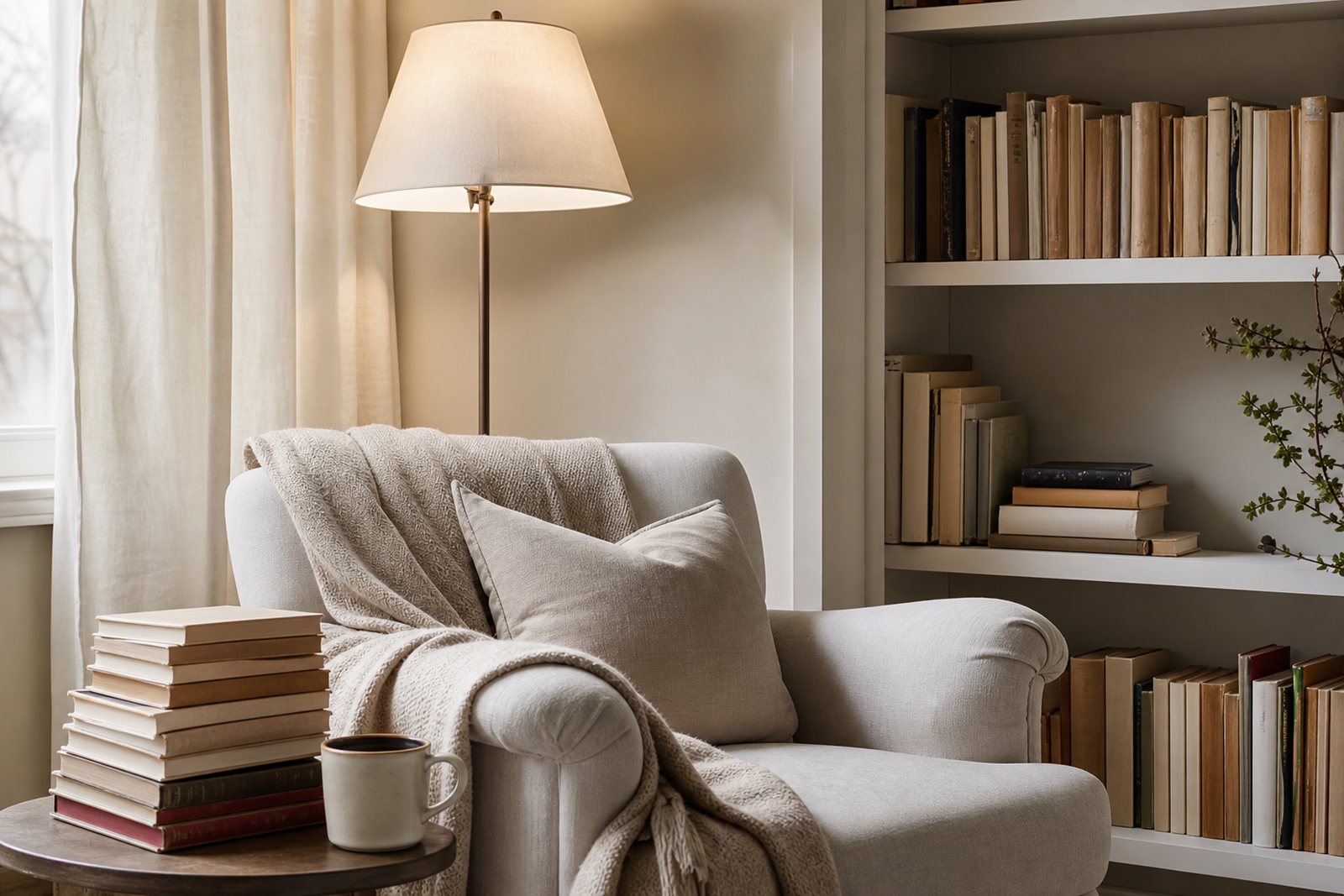 A reading corner with a stack of books, an armchair, a lit lamp and a mug beside a full bookshelf